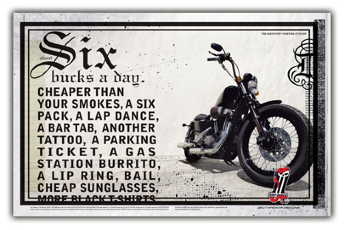 Harley-Davidson Dark Custom. Six Bucks a Day print ad